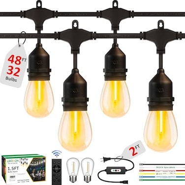 EIKOSON 50FT Outdoor String Lights Waterproof with 302 Bulbs 15FT Bulbs Spacing Remote Dimmer Commercial Grade Patio Lights with 3 Mode Light Timing100PC Ties for Outside