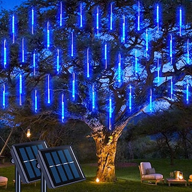 JMEXSUSS 2 Pack Solar Meteor Shower Lights Blue Meteor Cascading Rain Lights Waterproof for TreeGarden Party Christmas Decor 16 Tubes 288 LED