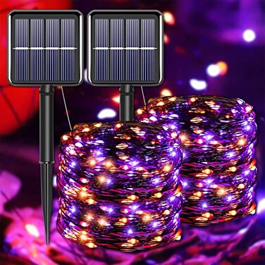 YAOZHOU Halloween Decorations Outdoor Lights Solar String Lights Purple Orange IP67 Waterproof 2 Pack Total 200 LED 66FT 8 Modes Fairy Lights Outside Fall Decor for Tree Garden Patio Fence Lawn