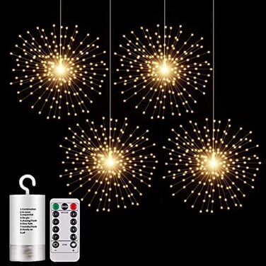 PXBNIUYA 4 Pack Starburst Sphere Lights200 LED Firework Lights 8 Modes Dimmable Remote Control Waterproof Hanging Fairy Light Copper Wire Light for Patio Parties Christmas Battery Operated