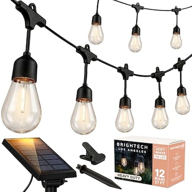 Brightech Ambience Pro Solar Powered Outdoor Patio String Lights Commercial Grade 27 Ft Waterproof with 12 Edison Bulbs Shatterproof LED 2W Soft White