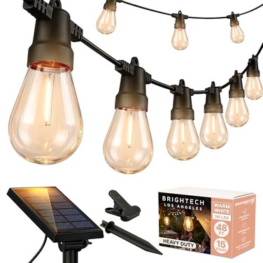 Brightech Ambience Pro Solar Powered Outdoor String Lights Commercial Grade Patio Lights with 48 Ft Edison Bulbs Shatterproof LED Solar Lights for 1W LED Warm White Light