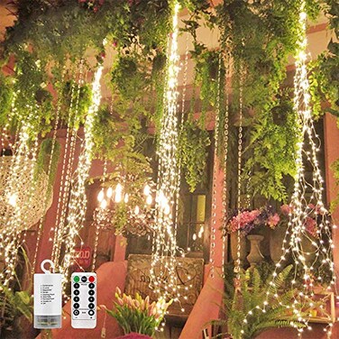 SHUKAN 2 Pack 220 LED Firefly Bunch Lights Battery Operated 8 Flashing Modes Waterproof Copper Wire Waterfall Lights Remote Controlled Timer and Hooks Fairy Lights for Indoor Outdoor Decor Warm White