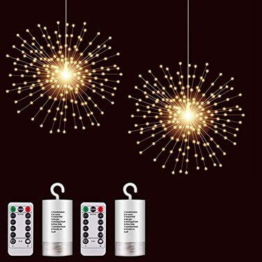 SHUKAN 2 Pack Hanging Decor Lights200 LED Battery Powered Fairy Light Fireworks Light with Remote Waterproof Starburst Lights for Gardens Courtyards Christmas Festive Wedding Parties Warm White