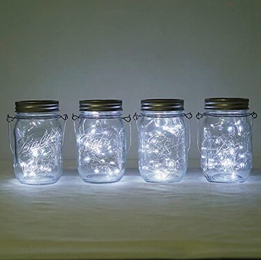 Decorman Solar Mason Jar Lights 4 Pack 30 LED Fairy Star Firefly String Lids Lights with 4 Hangers for Patio Yard Garden Party Wedding Christmas DecorationJars Not Included 4 Pack Cool White