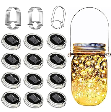 yeuago 12 Pack Solar Mason Jar Lid Lights 30 LED Firefly Fairy String Lights Waterproof Outdoor Solar Lights with Hangers for Regular Mouth Jars No Jars Included