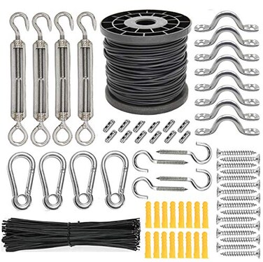 KAKO String Light Hanging Kit Outdoor Lights Hanging Kit Globe String Lights Suspension Kit Outdoor Light Guide Wire String Light Cable Hanging Kit Include 182 FT Wire Rope Cable Turnbuckle and Hooks