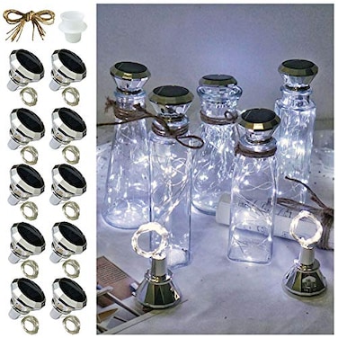 NiniTe LIGHTS Solar Wine Bottle Lights 10 Pack Diamond Cork Lights 20 LED Outdoor Waterproof Fairy String Lights for Garden Wedding PatioCool White
