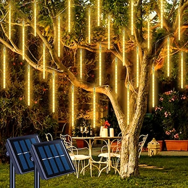 JMEXSUSS 2 Pack Solar Meteor Shower Lights 16 Tube 288 LED Warm White Meteor Christmas Lights Solar Powered Waterproof for Outdoor Tree Decorations