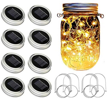 SunKite Solar Mason Jar Lights Updated 8 Pack 20 LED Waterproof Fairy Firefly Jar Lids String Lights with HangersNO Jars Patio Yard Garden Wedding Decoration Warm White