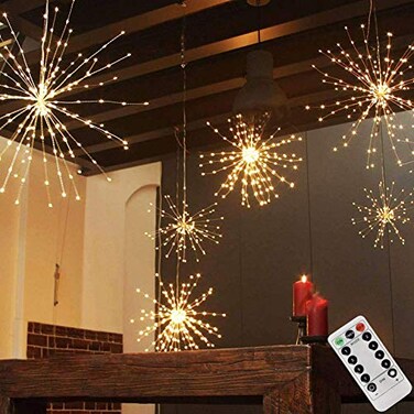PXBNIUYA 200LED Hanging Sphere Lights Battery Operated Starburst Lights 8 Modes Dimmable Remote Control Waterproof Copper Wire Fairy Light for Indoor Outdoor Christmas Decor Warm White