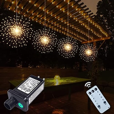 PXBNIUYA 4 Pack 800 LED Plug in Starburst Sphere LightsFirework Light 8 Modes Dimmable Remote ControlWaterproof Copper Wire Hanging Fairy Lights for Patio Parties Tent Christmas Warm White