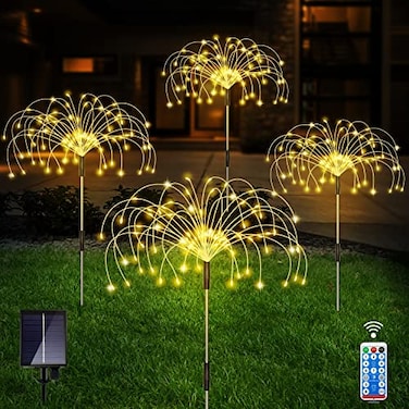 Unihoh Solar Outdoor Warm White Garden Lights 4 Pack Firework With 120 LED Starburst String 8 Modes Fairy With Remote for Wedding Christmas Lawn Backyard Party Patio Decoration