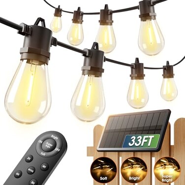 addlon 33FT 276 Solar String Lights for Outside Outdoor Waterproof with USB Port Remote Control Solar Patio Lights Last for 20Hrs Dimmable Solar Power LED Bulbs Hanging for Porch Garden Bistro