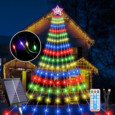 AMIPEPE Christmas Solar Decorations Star Lights Outdoor 1148ft 350LED Waterfall Tree Lights with 8 Modes Timer Remote String Lights USB Powered for Indoor Yard Patio Home Holiday Party Decor Multicolo