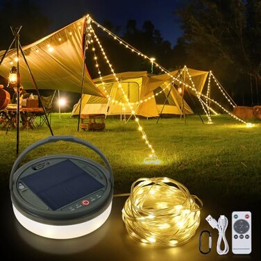 SMY Lighting 4 in 1 Solar Camping String Lights 426Ft Ultra Long String with 160LEDs Solar Powered and USB Rechargeable Light with Remote Control Portable Camping Light for Hiking Decorations