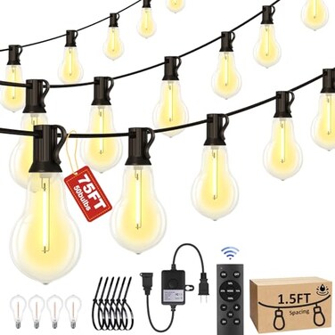Porbench 75FT Outdoor String Lights Waterproof with 504 Bulbs 15FT Bulbs Spacing Remote Dimmer Commercial Patio String Lights with 3 Mode Light Timing 100PC Mounting Ties for Outside