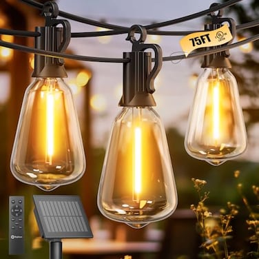 Brightown 75FT Solar String Lights Outdoor Waterproof with Remote 351 LED Shatterproof Bulbs Dimmable Timable 3 Light Modes Commercial Grade Patio Lights for Garden Backyard Party Decor