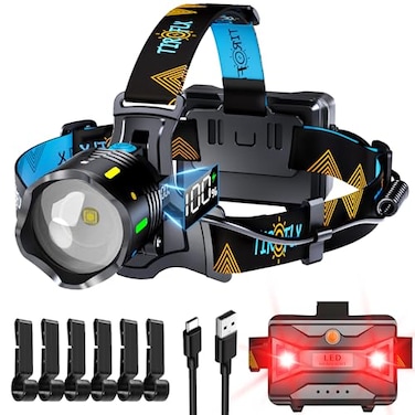 TIROFLX 12 Modes 210000 Lux Headlamp Motion Sensor Red Warning Zoomable Energy Saving More Than 30Dys Standby Head Lamp IP65 Waterproof and 125 Angle for Camping Outdoor Hardhat