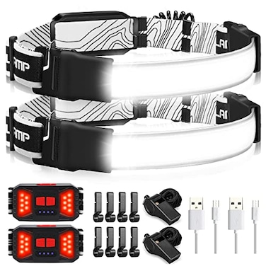 Adelante LED Headlamp Flashlight 1000LM 230WideBeam USB Rechargeable Head Light with TaillightIndividual Control 8 Clips Waterproof Headlight Headlamps for Running and Camping 2 Pack Black