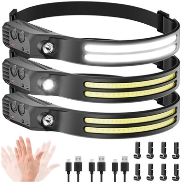 Beccason 3Pack LED Headlamp Rechargeable 230 COB Super Bright Head Lights for Forehead Hard hat Light for Adults USB C Headband Flashlight for Work Running Hunting Camping Essentials Gear