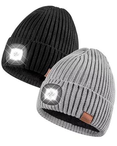 AHASTI Beanie with Light for Men 2 Pack Hat with Light Built in Rechargeable Winter Warm Knitted Headlamp Caps Gift for Men Dads Husband Led Beanie Hats with LightBlackLight Gray