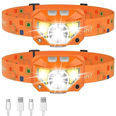 LHKNL Headlamp Flashlight Lumen UltraLight Bright LED Rechargeable Headlight with White Red Light2Pack Waterproof Motion Sensor Head Lamp8 Mode for Outdoor Camping Running Fishing Orange