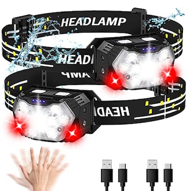 PLUSINTO 9 LED Headlamp Rechargeable 2 Pack 2000 Lumens Super Bright Head Lamp with Red Light 10 Modes Motion Sensor and Adjustable IPX5 Waterproof Headlight for Camping Hiking Running