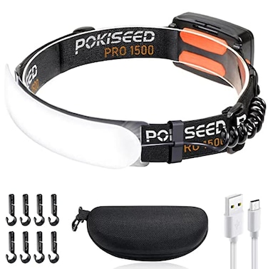 POKISEED LED Headlamp Rechargeable Super Bright 1500 Lumens 230 Wide Beam Headlamp 3 Modes IPX6 Waterproof Lightweight Head Light with Taillight Clips for Camping RunningFishing Outdoors Hard Hat Work