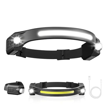 AlpsWolf Headlamp Rechargeable LED 1Pack 2 XPE LED and COB LED Head Lamp Motion Sensor 260 Wide Beam IPX4 Waterproof Rechargeable Headlight for Camping Accessories