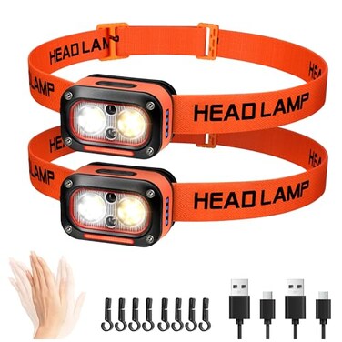 DARKBEAM LED Headlamp High Lumens USB Rechargeable Dual Light Headlight for Hardhat with Motion Sensor Red Warning Light UpDown Adjustable Waterproof Head Lamps for Camping Car Maintenance 2 Pack