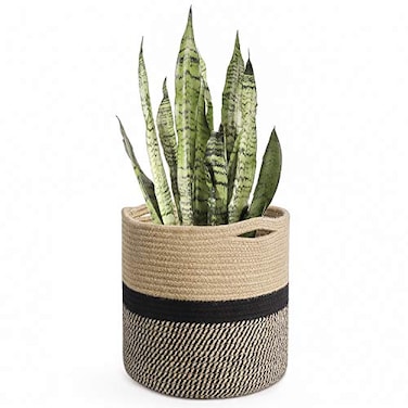 TIMEYARD Sturdy Jute Rope Plant Basket Modern Woven Baskets for 10 Flower Pot Floor Indoor Planters 11 x 11 Storage Organizer Basket Rustic Home Decor Black and Beige Stripes