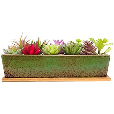 Artketty 121 Inch Large Succulent Planters Pots with Drainage Tray Long Rectangle Ceramic Pots for Indoor CactusSucculent Plants Shallow Bonsai Window Box for Home Garden Decor Green