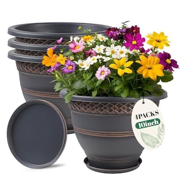 Usocik 10 Inch 4 Pack Plant Pots Plastic Flower Pot for Indoor Outdoor with Drainage Holes Saucer Plaid Pattern Planters Garden Pots for Herbs