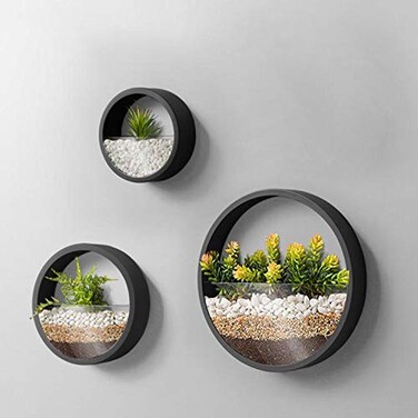 VEVLU 3 Pack Set Wall PlantersModern Round Glass Wall Planter Succulent Planter Circle Iron Hanging Planter Vase for HerbSmall Cactus Perfect for Balcony Room and Patio Decor Black