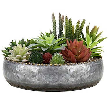 MyGift 11inch Galvanized Silver Metal Round Planter Bowl with BrassTone Pebbled Rim Handcrafted in India