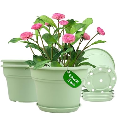 Pottiffe 8 Inch PlasticFlower PotforIndoor Plants 4 Pack Large Outdoor Planter Pot with Drainage Holes Saucers Resin Decorative Garden Pots Planters