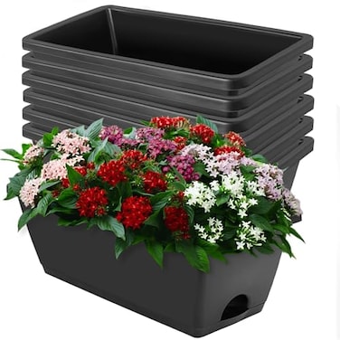 LOCONHA Window Box Planter Plastic Vegetable Flower Planters Boxes 17 Inches Rectangular Flower Pots with Saucers for Indoor Outdoor Garden Patio Home Decor 7 Dark Grey
