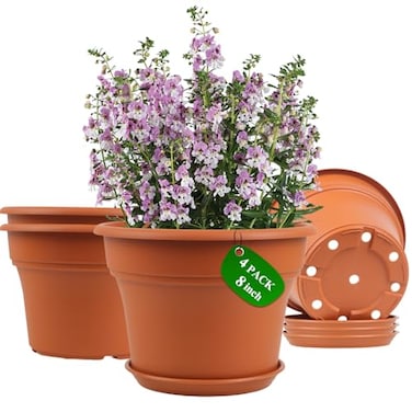 Pottiffe 8 Inch PlasticFlower PotforIndoor Plants 4 Pack Large Outdoor Planter Pot with Drainage Holes Saucers Resin Decorative Garden Pots Planters