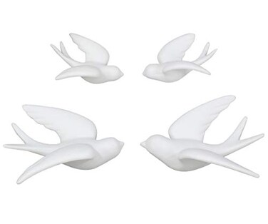 FANWNKI Ceramic Flying Birds Sparrows Wall Mount Hanging Decor WhiteSet of 4