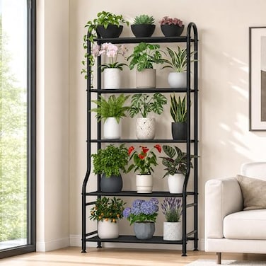 Yutrchey 5Tier Metal Plant Stand Heavy Duty Indoor Outdoor Flower Shelf for Multiple Pots 65 Tall Vertical Holder with Adjustable Leveling Feet WallFixing Kits Black