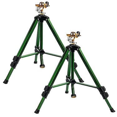 Hourleey Impact Sprinkler on Tripod Base 2 Pack Heavy Duty Sprinklers for Lawn Yard Garden 0360 Degree Large Area Coverage 34 Inch Connector Extension Legs Flip Locks with Brass Head
