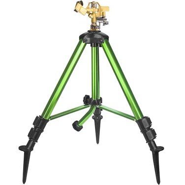 Triumpeek Impact Sprinkler on Tripod Base with Stakes 360 Degree Large Area Coverage Irrigator with Extension Legs Adjustable Brass Sprinkler Head Nozzle and 34 NH Inlet Hose Connection 1