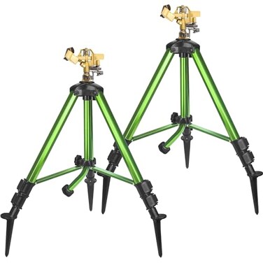 Triumpeek 2 Pack Impact Sprinkler on Tripod Base with Stakes 360 Degree Large Area Coverage Irrigator with Extension Legs Adjustable Brass Sprinkler Head Nozzle and 34 NH Inlet Hose Connection