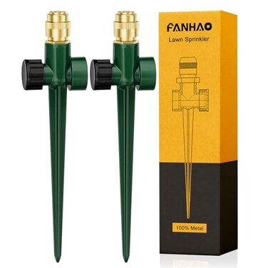 FANHAO 2 Pack Metal Lawn Sprinkler for Yard Automatic Garden Water Sprinkler on Spike Base Adjustable Irrigation System 360 Degree Large Area Coverage for Lawn Grass Patio Garden Irrigation