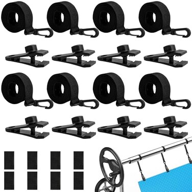 codree 24 Pcs Pool Solar Cover Reel Attachment Kit Inground Swimming Pool Solar Cover Straps and Clips Solar Blanket Strap Kit Including 8 Straps with Hooks 8 Clips and 8 Touch Fastener Black