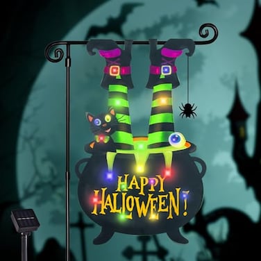 FLAGMESAGE Halloween Lighted Garden Flag for Outside Led Solar Yard Flag 8 Modes Witch Feet Shape Flag 12x18 Double Sided Cauldron Eyeball Black Cat Decorations for Home Porch