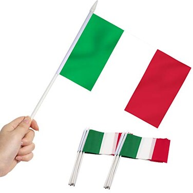 Anley Italy Mini Flag 12 Pack Hand Held Small Miniature Italian Flags on Stick Fade Resistant Vivid Colors 5x8 Inch with Solid Pole Spear Top