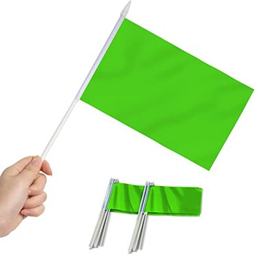 Anley Green Mini Flag 12 Pack Hand Held Small Miniature Solid Green Blank Flags on Stick Fade Resistant Vivid Colors 5x8 Inch with Solid Pole Spear Top