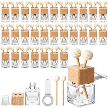 Zubebe 30 Pack Car Air Freshener Diffuser with Vent Clip Empty Car Diffuser Bottles for Essential Oil Perfume Glass Bottle with Wooden Caps StickSquare